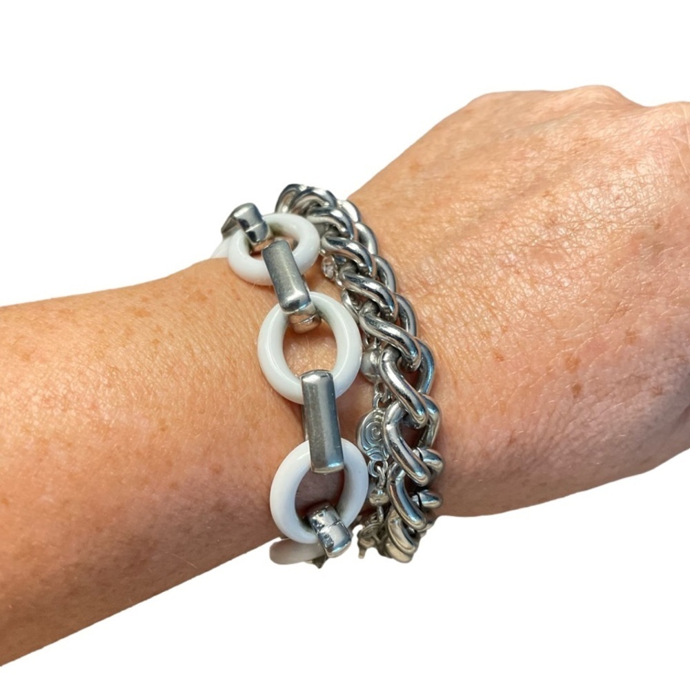 Lia Sophia 3 Stand Chain Statement Bracelet Silver and White